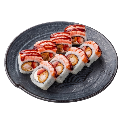 Філадельфія Де Люкс з лососем абурі, креветкою панко та полуницею