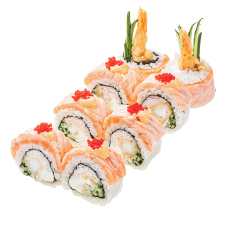 Philadelphia De Luxe with salmon aburi, tempura shrimp and crab mix