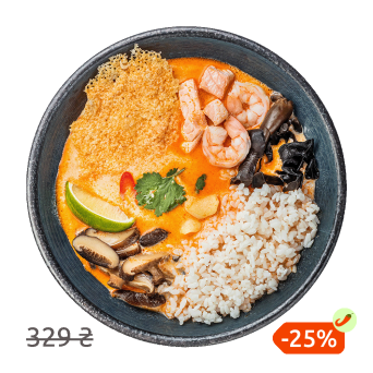 Soup Tom Yam with salmon, shrimp and stewed rice
