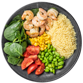 Bowl with couscous and shrimps