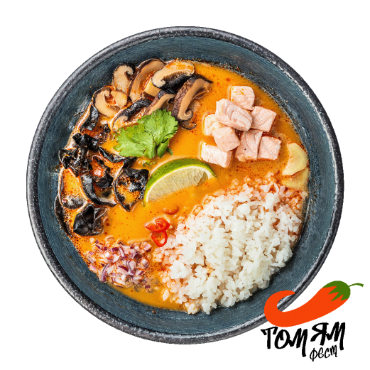 Soup Tom Yam tropical with mango, salmon and stewed rice