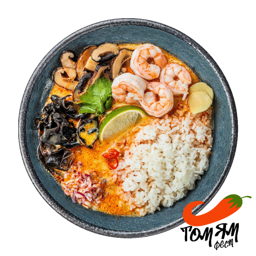 Soup Tom Yam spicy karri with shrimp and stewed rice