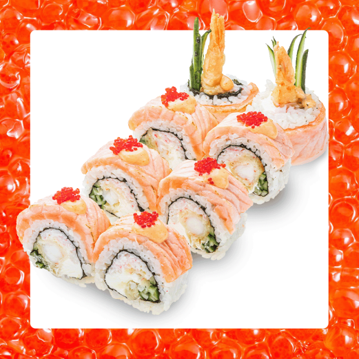 Philadelphia De Luxe with salmon aburi, tempura shrimp and crab mix