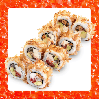 Рол Філадельфія з мідіями, крабміксом та стружкою тунця